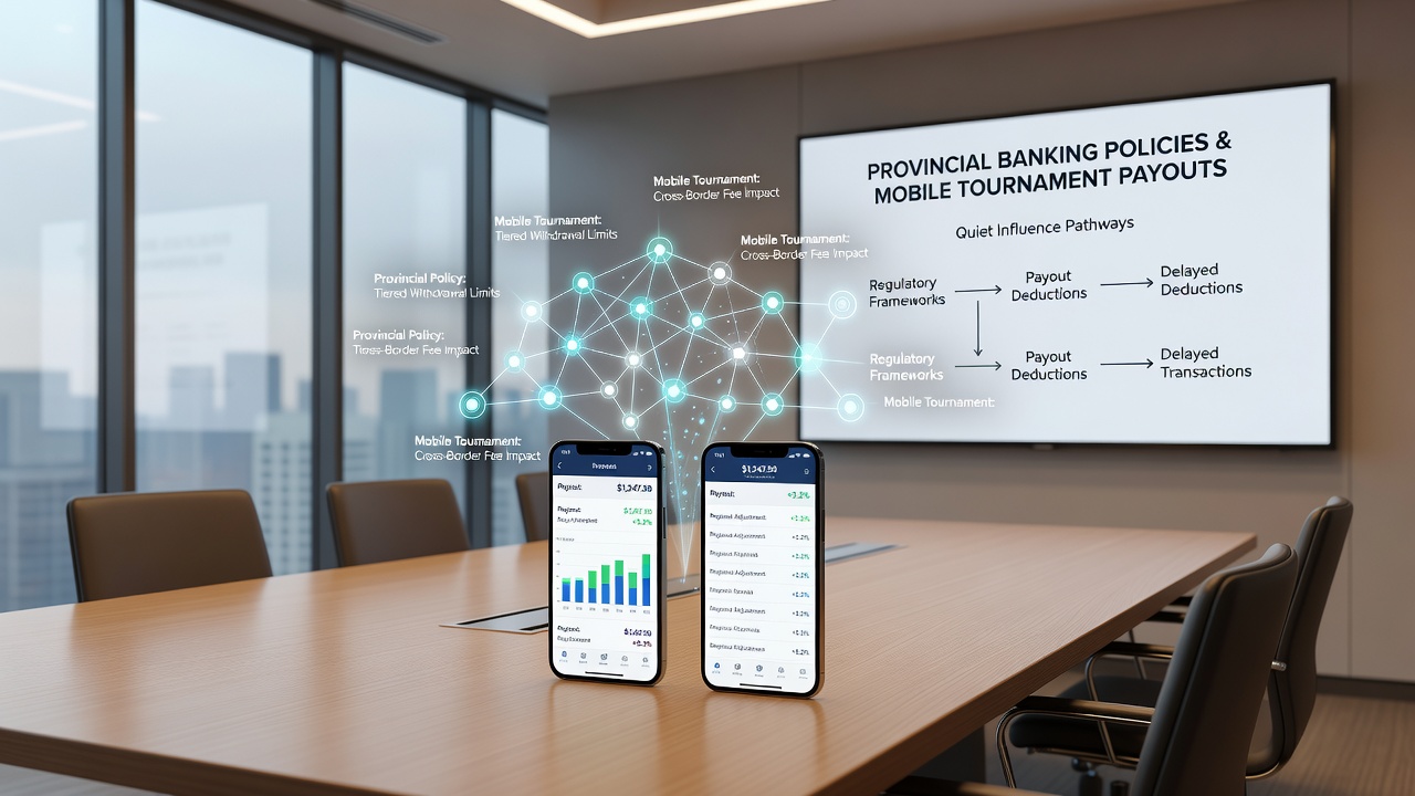 Mobile device showing tournament payout breakdown next to regional banking regulation summaries
