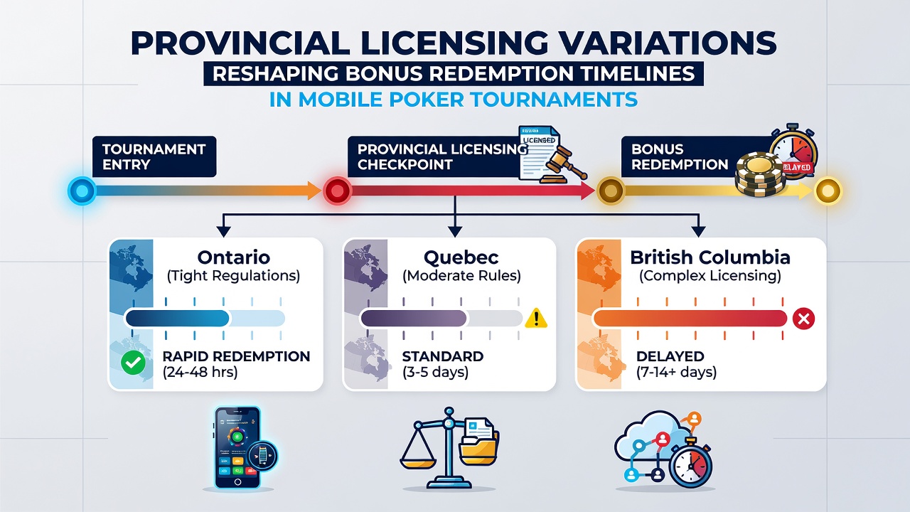 Mobile poker tournament interfaces showing varied bonus timelines due to provincial rules